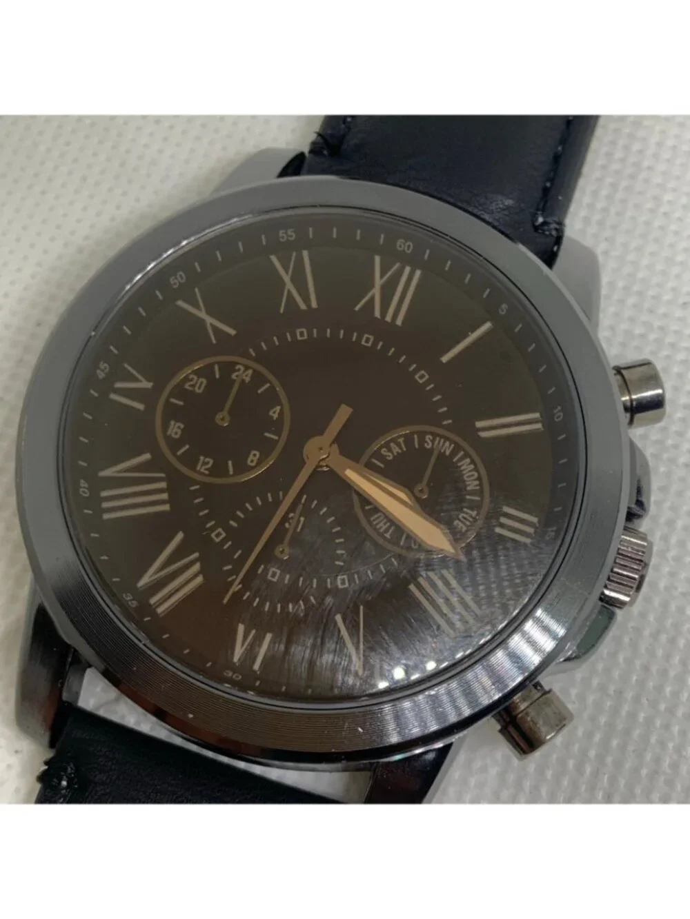 FMD men’s watch black tone quartz analog 50mm Roman indices leather running